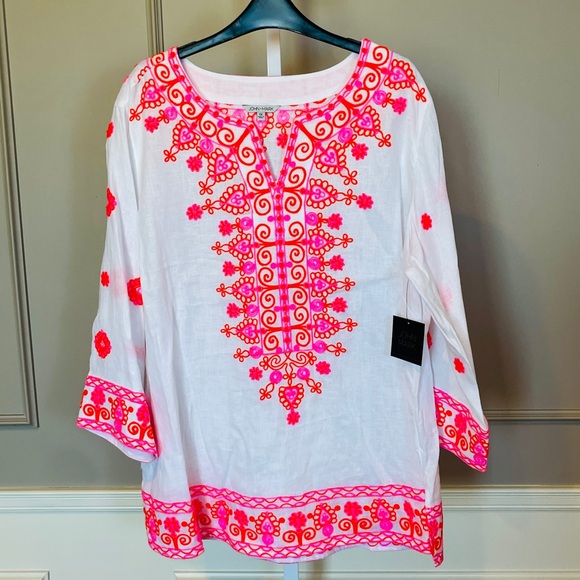 John Mark NWT 1X Linen Tunic White Pink Embroidered Peasant Island Dreaming $149